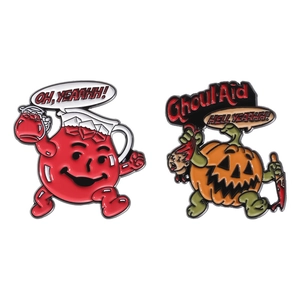 Cartoon Kool-Aid Man and Halloween pumpkin ghoul enamel pin set with funny slogans