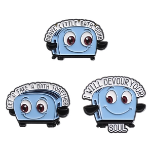 Three-piece light blue cartoon toaster enamel pins set with funny quotes and cute faces