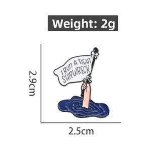 Enamel pin size guide showing 2.9cm x 2.5cm dimensions and lightweight 2g ship motif