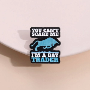 Funny Day Trader enamel pin badge featuring a blue bull icon on a black background