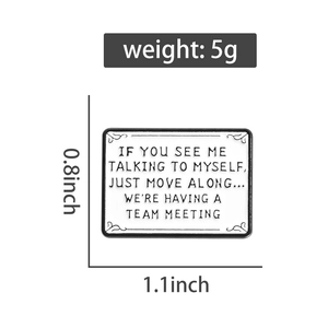 Detail showing 1.1x0.8 inch rectangle enamel pin with humorous English text and dimensions
