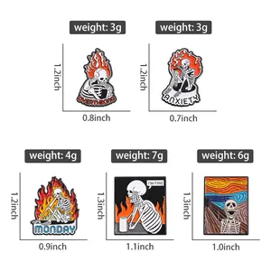 Size chart showing dimensions and weight for flaming skull enamel pins and badges