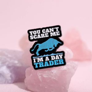 Blue bull enamel pin with You Can't Scare Me I'm A Day Trader quote for stock investors