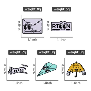 Detailed chart of cartoon enamel pins with dimensions and weights for each small brooch