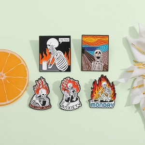 Set of 5 skeleton enamel pins with artistic flame designs and emotional text labels