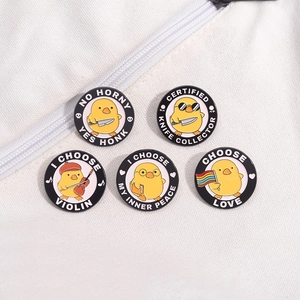 Set of 5 cartoon yellow duck enamel pins with funny musical and quirky round badges