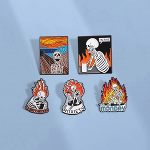 Funny Skeleton Enamel Pin Set Alloy Brooch Flame Skull With Anxiety Monday Slogans For Halloween Party Accessories Punk Decor