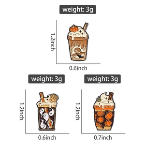 Halloween enamel pins set showing pumpkin, ghost and RIP drink motifs with dimensions