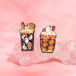 Halloween enamel pins set featuring spooky drink designs with pumpkins and ghosts