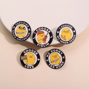 Set of 5 cartoon yellow duck enamel pins with humorous slogans for bags and clothing