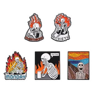 5pcs set of funny cartoon enamel pins with artistic skeleton designs for clothes decoration