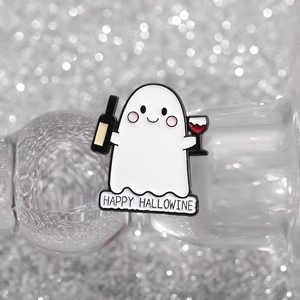 Funny ghost enamel pin with Happy Hallowine text and sparkling festive background
