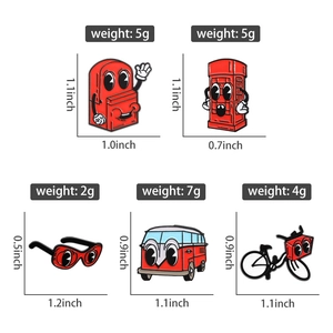 Detail view of red enamel pins showing precise dimensions and weights for each cartoon design