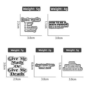 Detailed view of math-themed enamel pins with formulas and size measurement lines