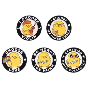 Set of 5 creative yellow duck enamel pins with humorous cartoon designs and metal finish
