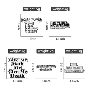 Size and weight specifications for five minimalist black and white math enamel lapel pins