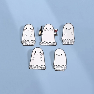 Set of five cute cartoon ghost enamel brooches with funny Happy Hallowine quotes