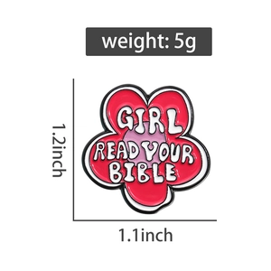 Detail of flower enamel pin with Girl Read Your Bible text and product dimensions