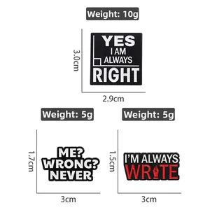 Detailed size chart for enamel quote pins including YES I AM ALWAYS RIGHT slogans