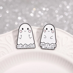 Cute white ghost enamel pins with humorous text It Has Pockets and Sorry I'm Late I Saw a Dog