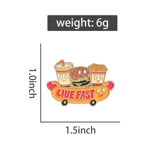 Detail view of fast food enamel pin showing 1.5x1.0 inch size and 6g weight specs