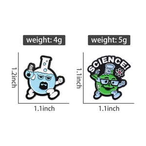 Detailed view of enamel science flask pins with size and weight specifications