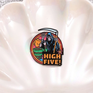 Cartoon skeleton high five enamel pin with green striped shirt boy on a white shell tray