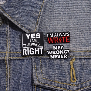 Three-piece enamel pin set with witty puns and pen nib design on a blue denim jacket