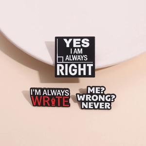 Three creative enamel pins with funny English quotes in black, white, and red metal finish