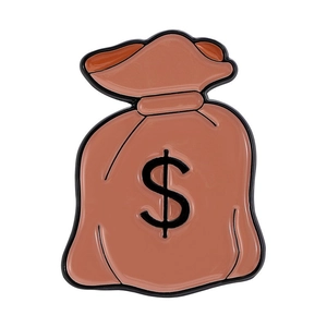 Broche sac d'argent de dessin animé avec signe dollar en émail marron et métal