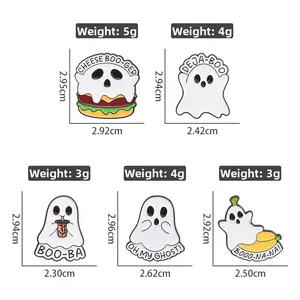 Set of five cartoon ghost enamel pins featuring food themes like burgers and milk tea