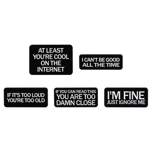 Set of 5 funny black rectangular brooches with white 'I'M FINE' text for backpacks