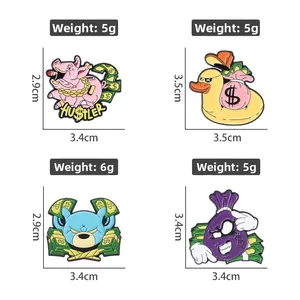 Set of four colorful street-style enamel pins featuring cartoon animal money motifs