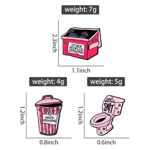 Detailed size chart showing dimensions and weight for three funny pink enamel pins