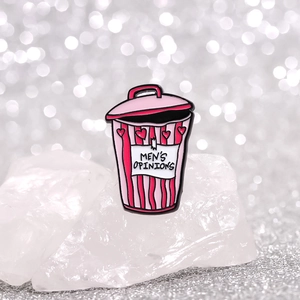 Funny pink trash can enamel pin with heart pattern and Men's Opinions text label