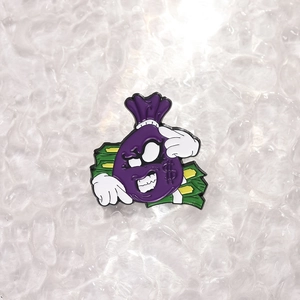 Cartoon purple money bag enamel pin with dollar sign and bills on ripple background