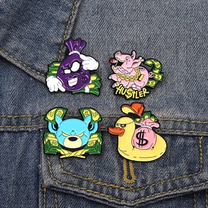 Cartoon animal enamel pins set with money themes on blue denim background