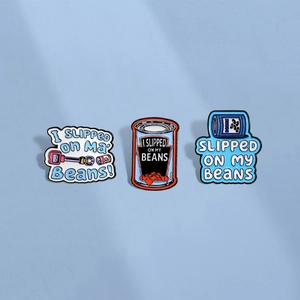 Three-piece set of I SLIPPED ON MY BEANS colorful enamel pins in creative tin can shapes