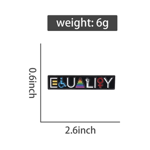 Detailed size specifications for Equality enamel pin showing dimensions 2.6 by 0.6 inches
