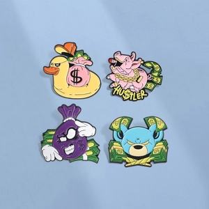 Cartoon money bag duck and street style enamel pins set featuring pig and bear motifs