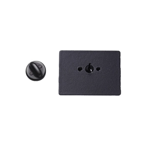 Detail view showing black matte rectangular badge back with a durable rubber clutch