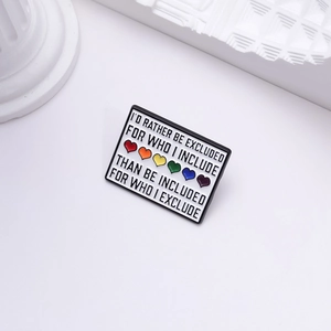 Inspirational enamel pin with rainbow hearts and motivational quote on white background
