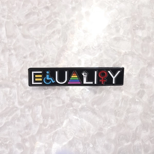 Equality enamel pin badge with rainbow stripes and social symbols on black metal