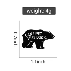 Detail of bear enamel pin showing 1.1x0.7 inch dimensions and 4g weight specs