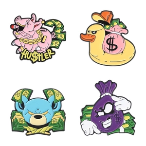 Set of four cartoon money-themed enamel pins featuring a pig, duck, bear, and coin bag
