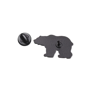 Detailed back view of a black metal bear pin with textured finish and secure clutch