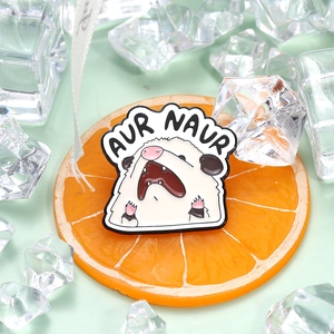 Cute opossum enamel pin with Aur Naur text on mint green background with ice props