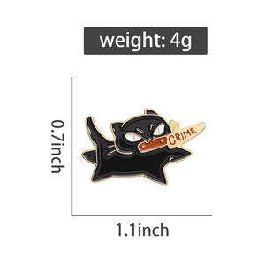 Detail showing dimensions and weight of a black runaway cat enamel pin with a crime knife