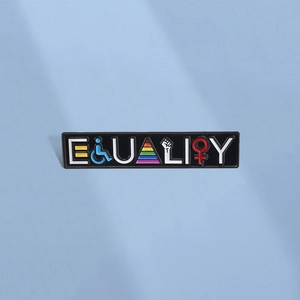 Enamel equality badge pin with diverse social symbols on a black rectangular metal base
