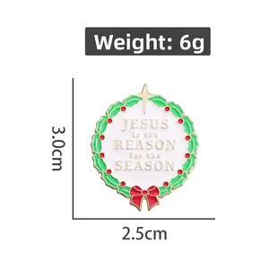 Détails d'une broche couronne de Noël avec dimensions et indications de poids